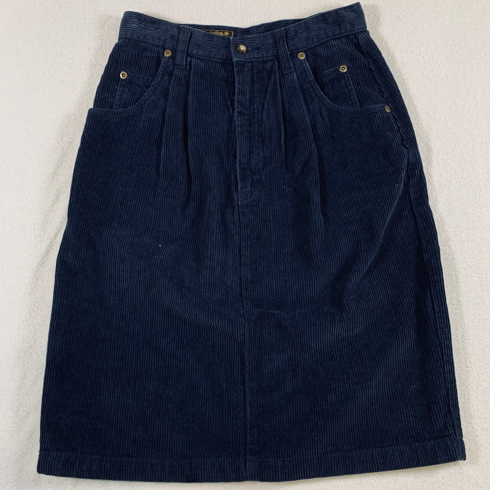 Eddie Bauer Corduroy Pleated Midi Pencil Skirt Women's Size 8 Navy Blue‎ Casual